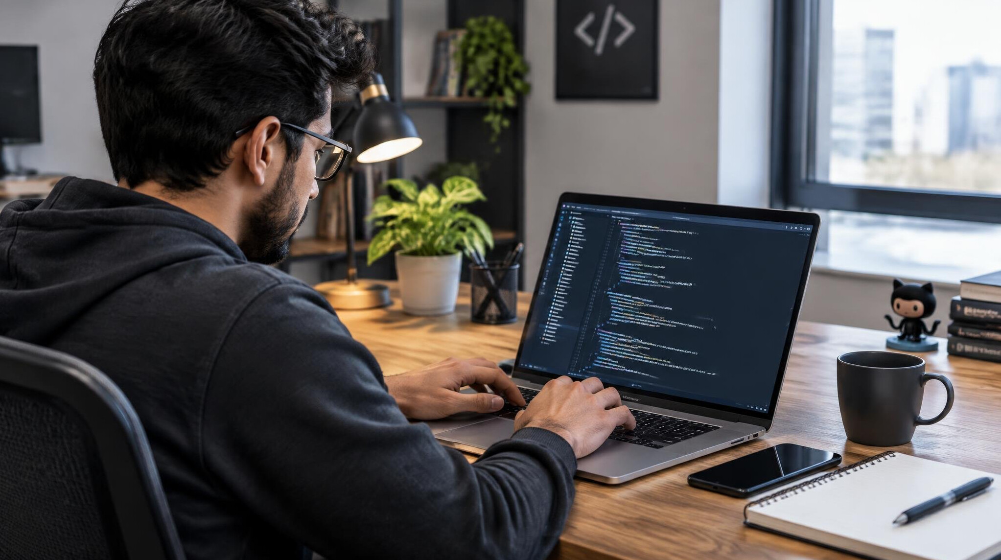software developer coding on laptop