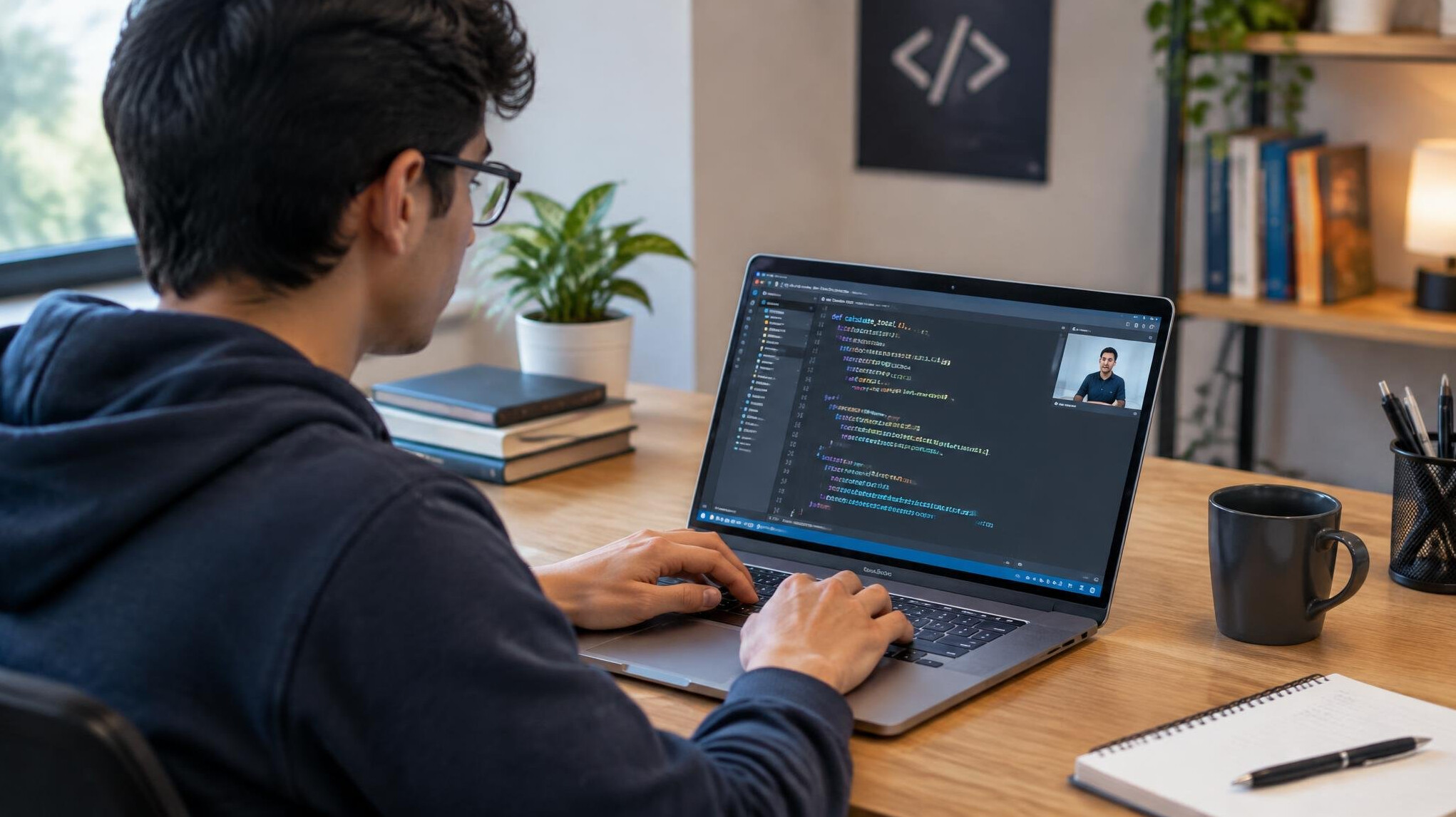 young programmer coding on laptop