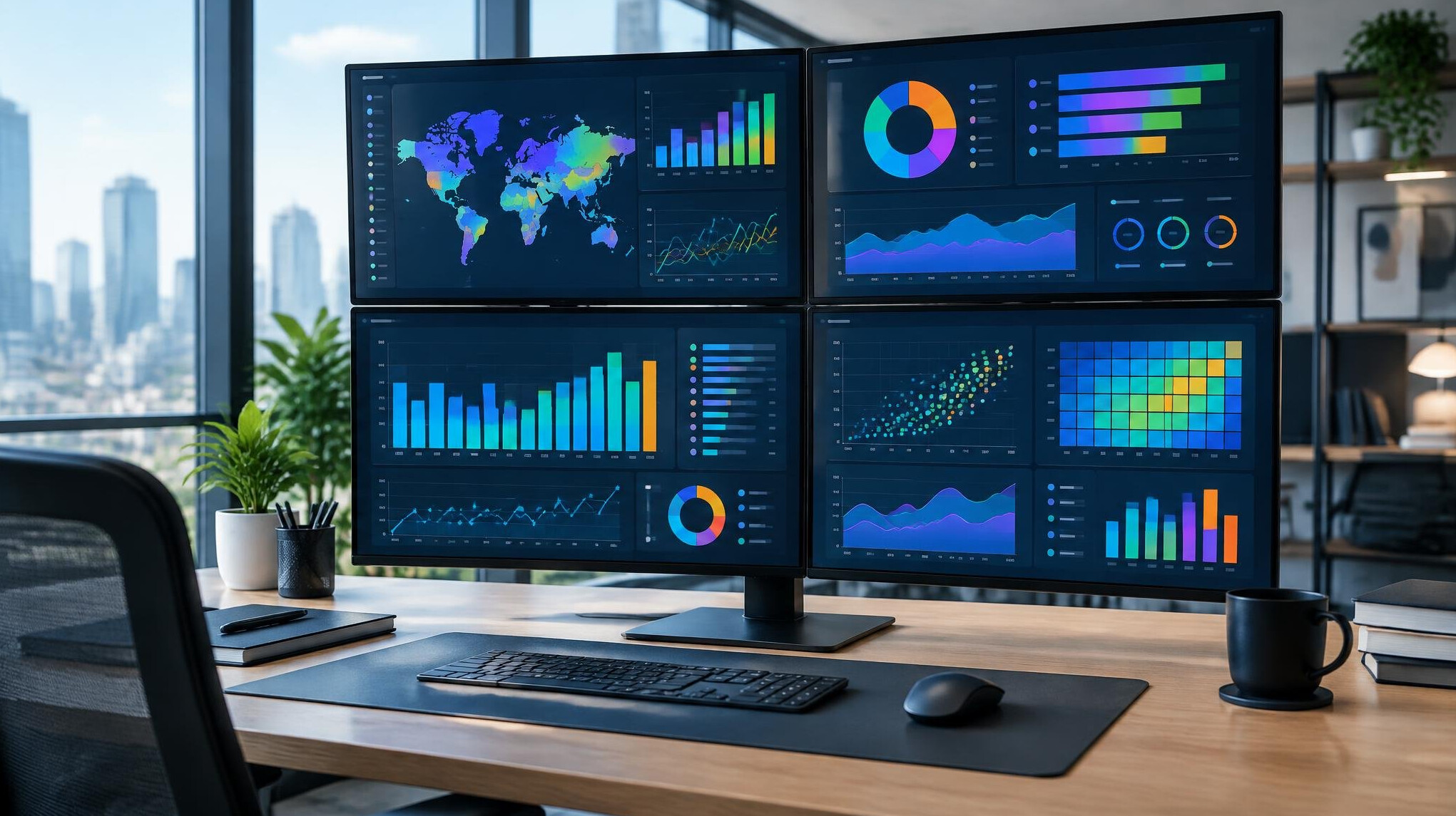 Data analytics dashboard on multiple monitors