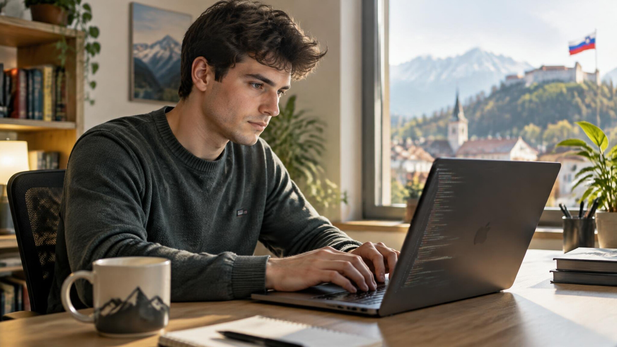 Young Slovenian man coding on a laptop at a modern desk