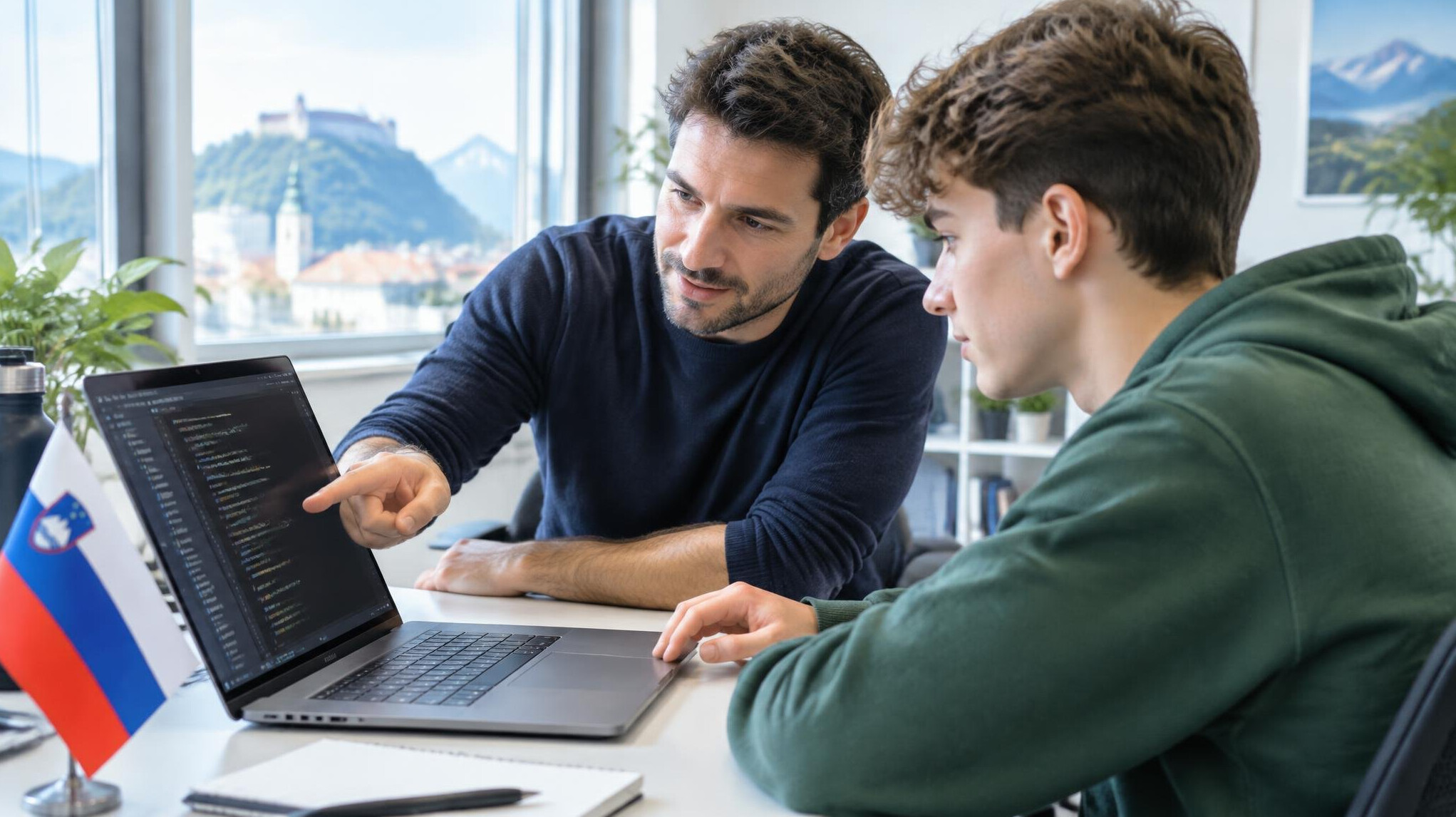 Mentor helping a student with code on a laptop