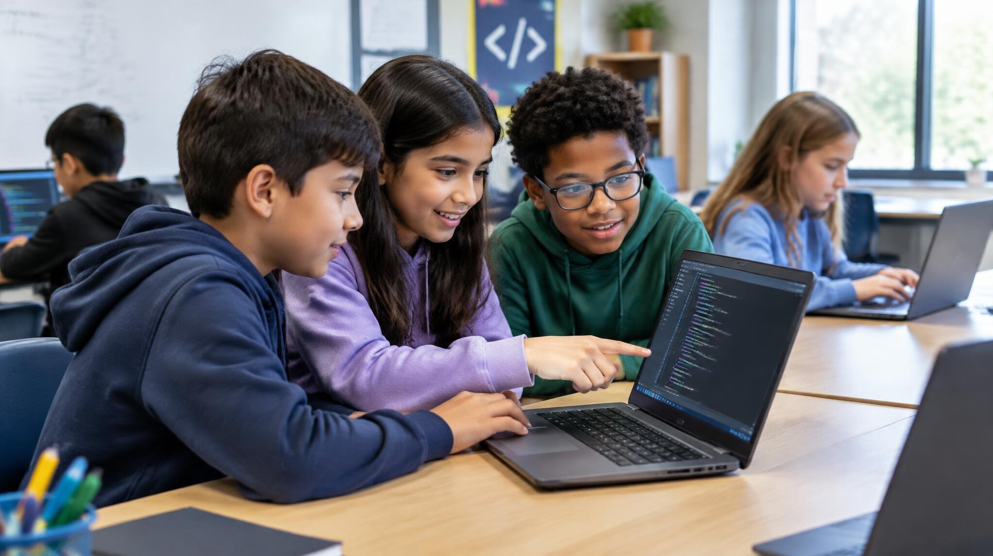 kids using laptops in classroom
