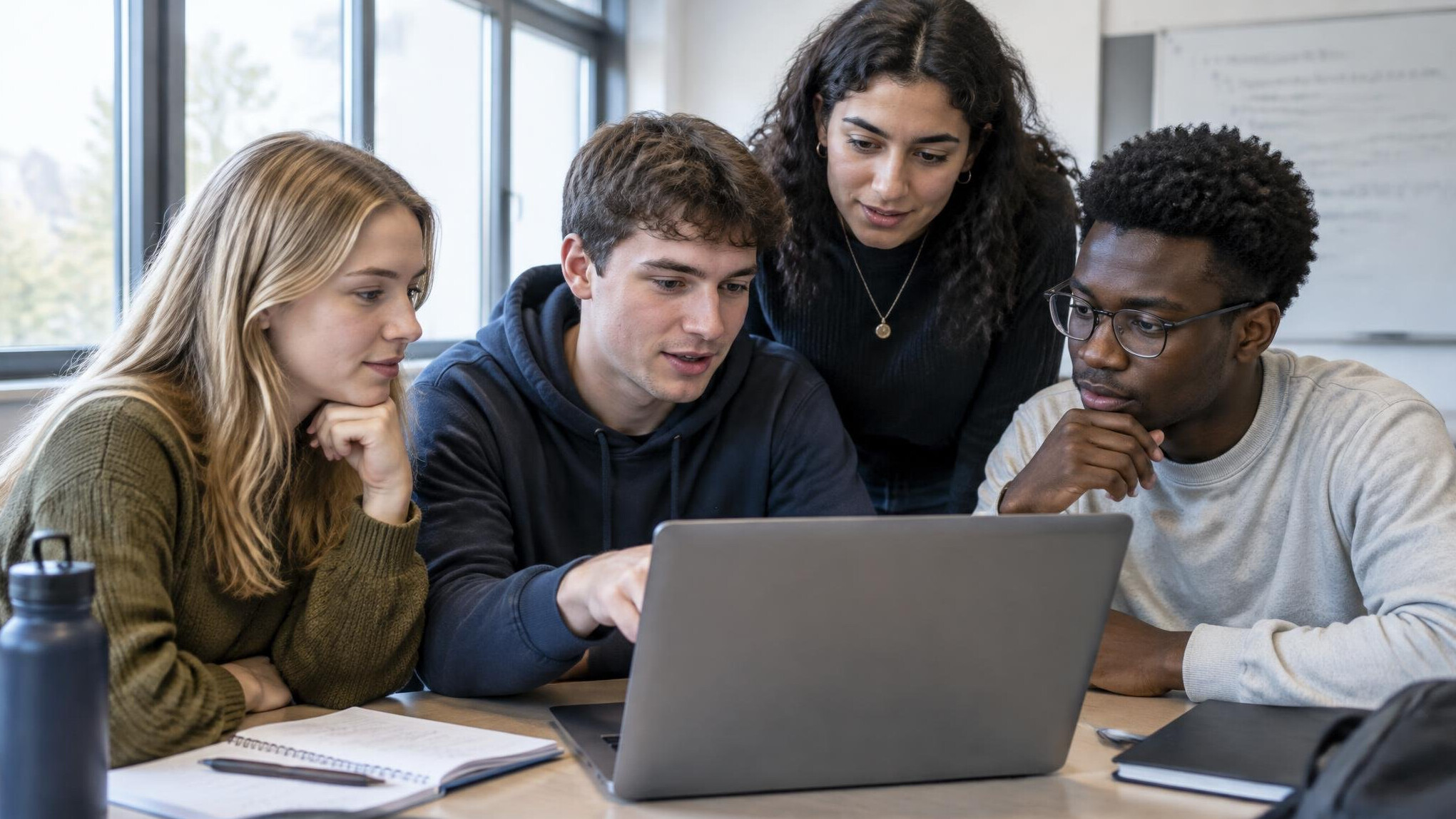 Small group of students working together around a laptop