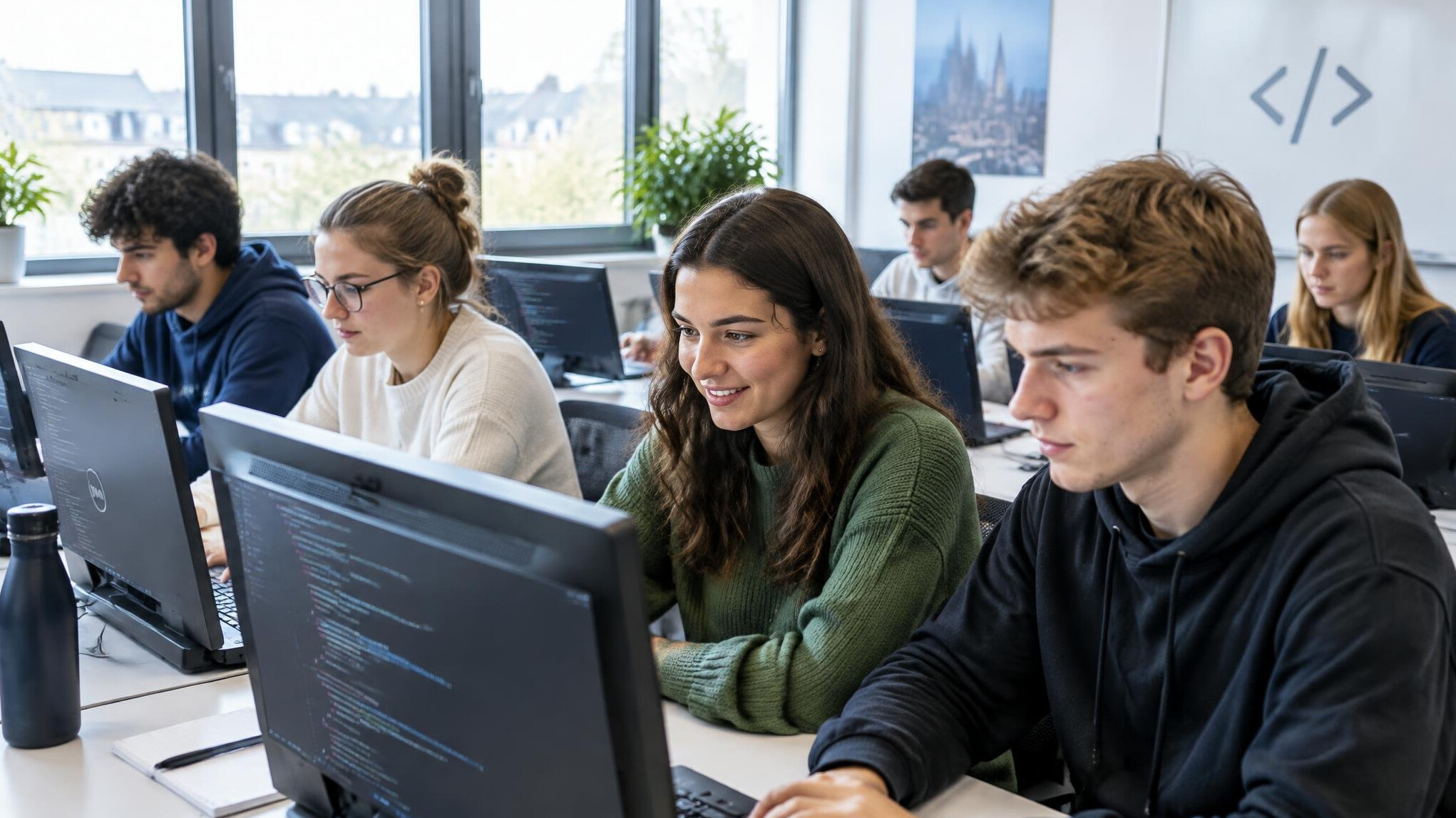 Group of students learning programming in a classroom